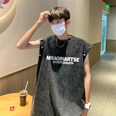 复古水洗做旧可拆卸袖子短袖t恤男女oversize宽松休闲T恤BT04P38，男装T恤，星座1116-2