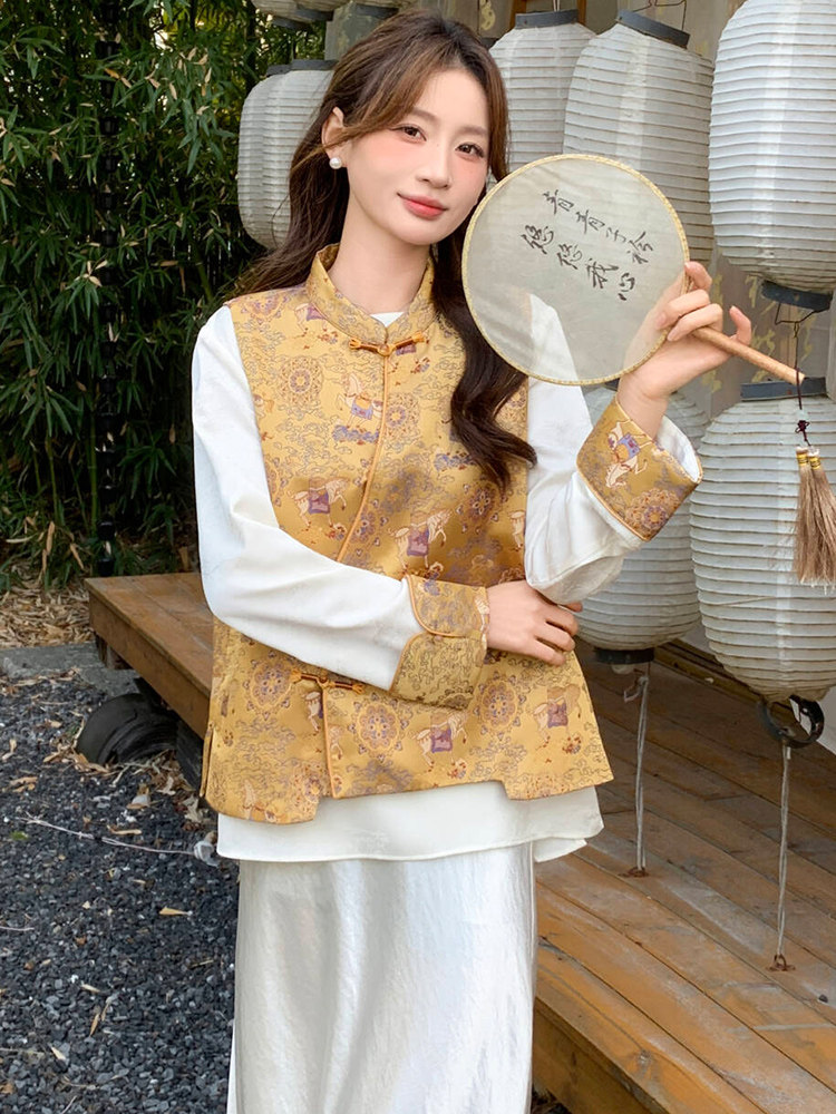 2026年春季新中式g风高级感提花马甲配衬衫两件套,女装套装/套裙,超帛