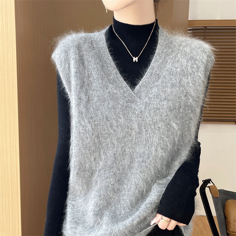 时尚百搭V领拉绒马甲女秋冬季新款韩版宽松显瘦毛衣背心外套上衣,女装马甲,科源羊绒