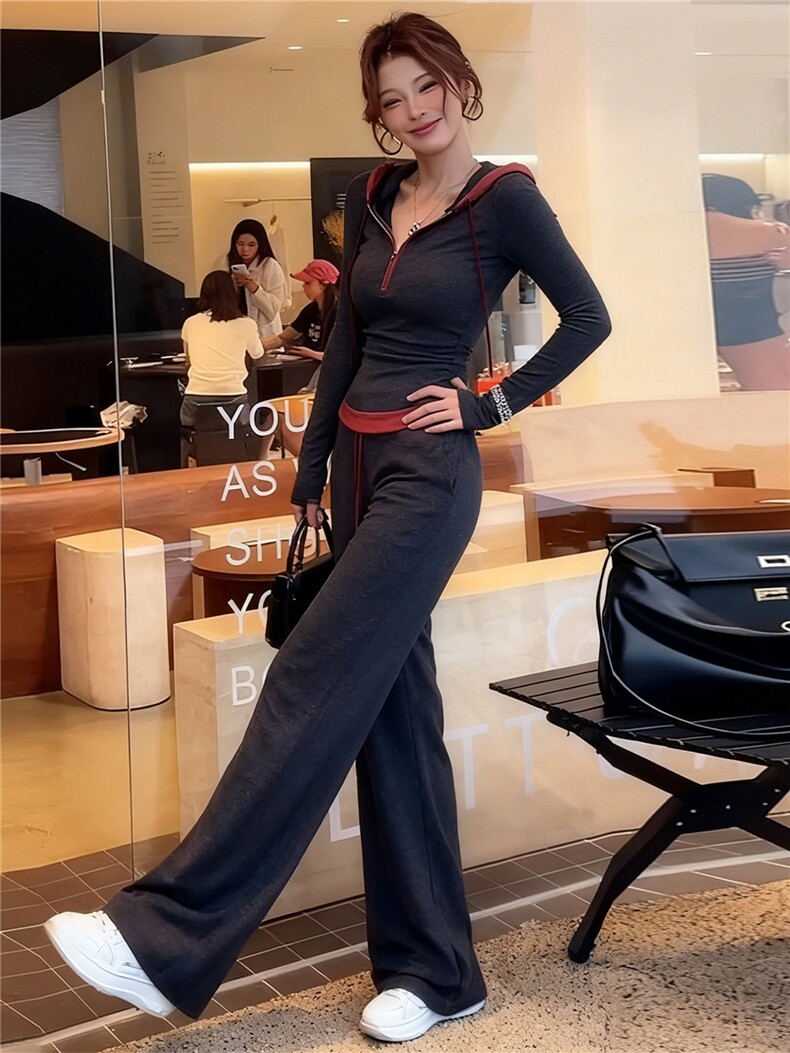 韩系运动休闲套装女春季新款高级感连帽撞色拼接上衣阔腿裤两件套,女装套装/套裙,江南