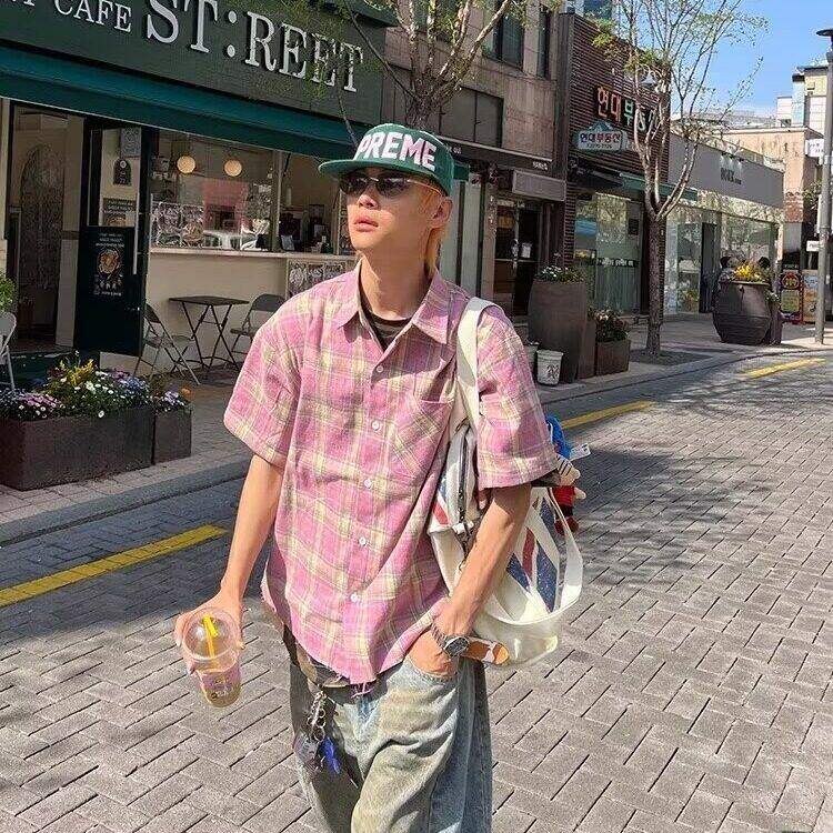 美式复古格纹短袖衬衫男女宽松休闲防晒衬衣外套夏季L70099-P35，男装防晒衣，星座1008