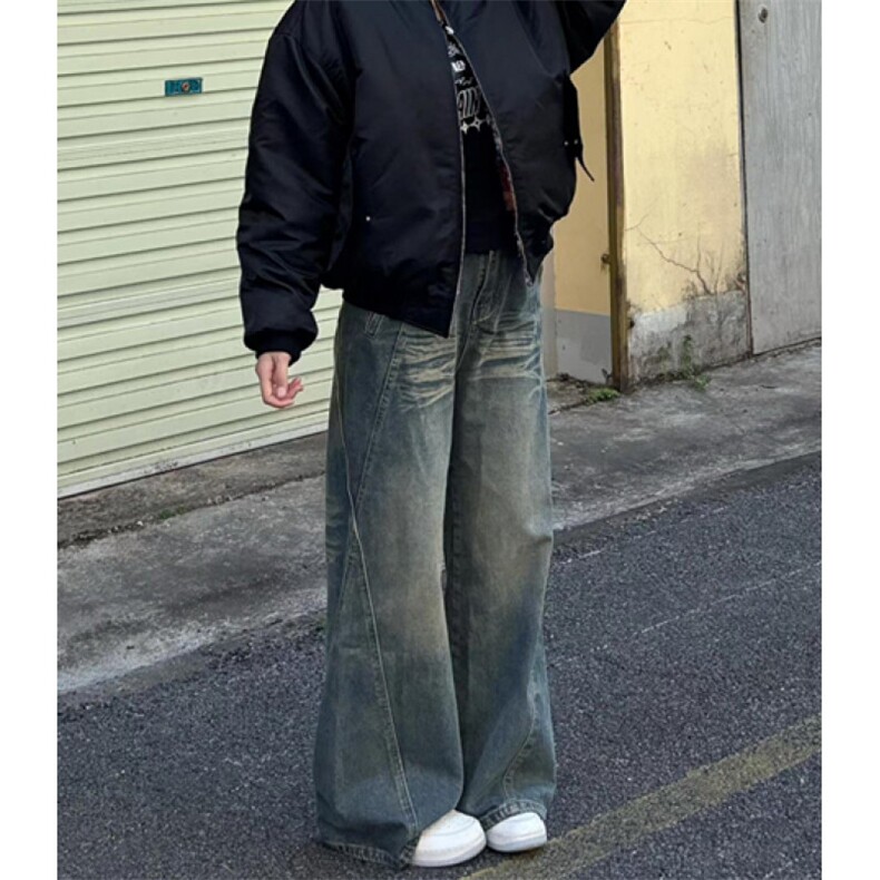 直筒牛仔裤高街设计感褶皱情侣宽松显瘦休闲阔腿裤MG85,男装牛仔裤,星座1116A（原606A-3）