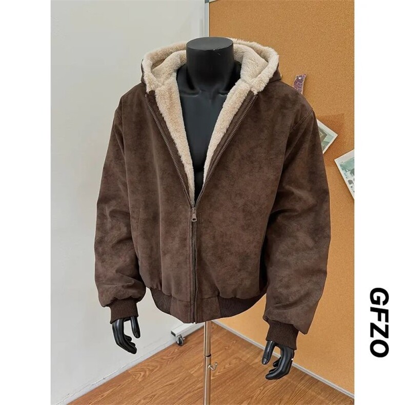 网图美式宽松PU皮座山雕仿兔毛连帽加厚保暖棉服M011特P80,男装棉衣,星座205-3
