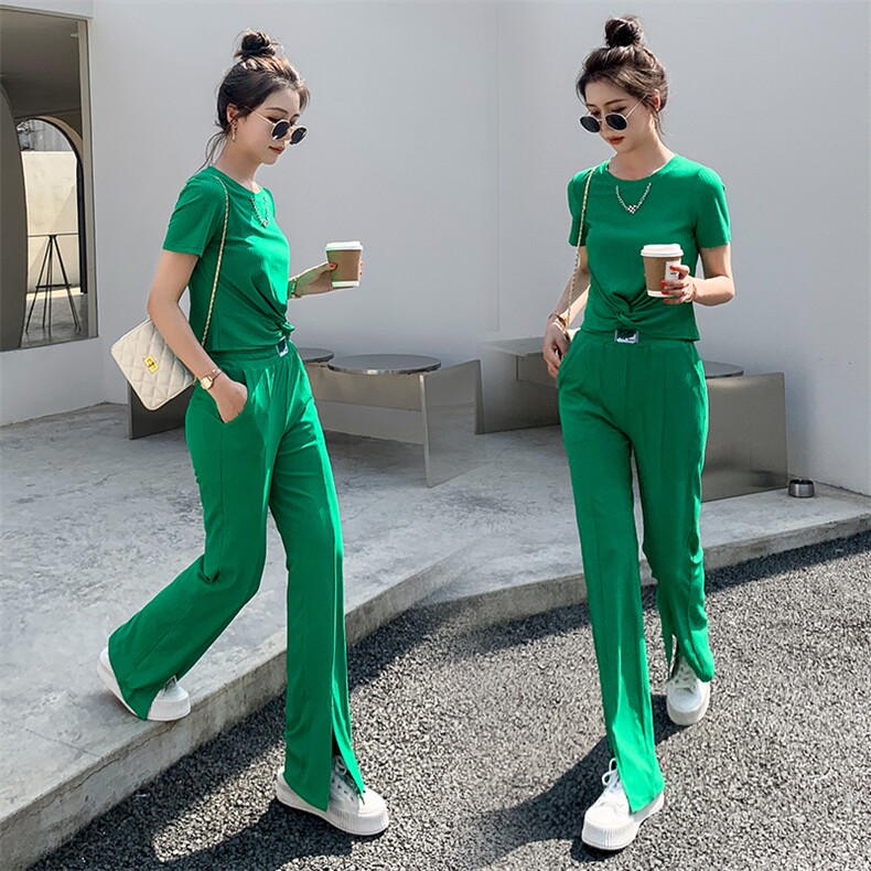现货-休闲时尚套装女2024夏季新款设计感小众绿色成套搭配两件套,女装套装/套裙,天丽