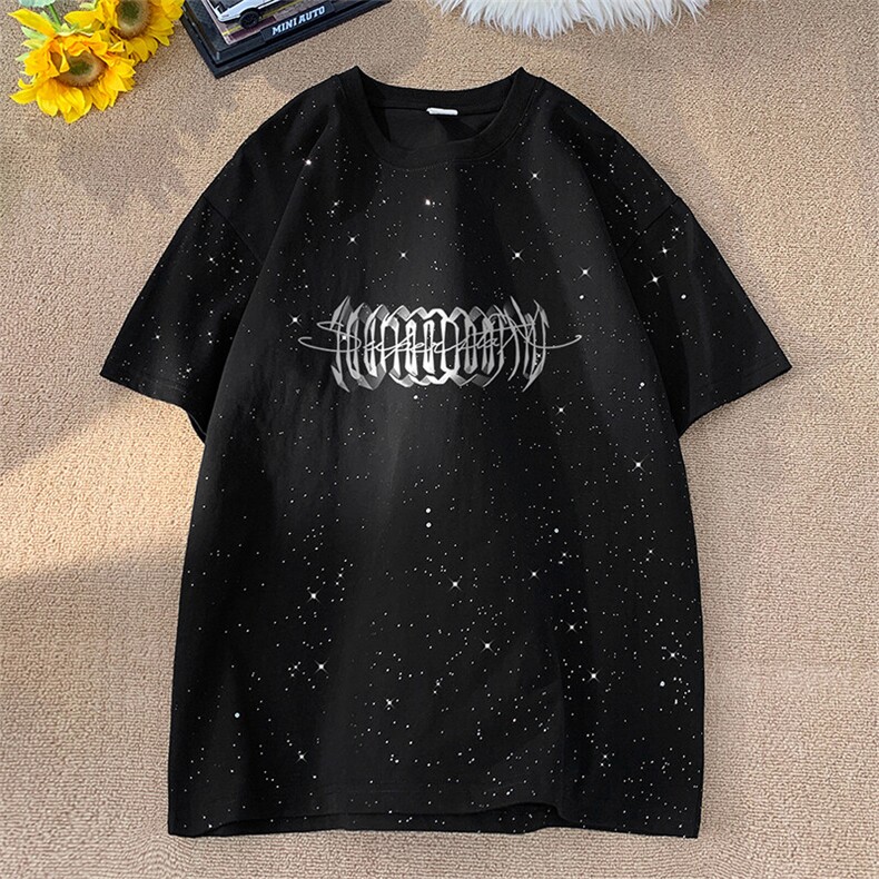可48小时发货支持抖音得物来样二开美式满天星亮片短袖T恤MTX653,男装T恤,电商A486-1