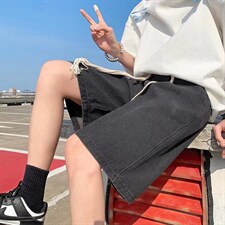 美式复古做旧直筒牛仔短裤男潮牌宽松阔腿休闲五分裤ND01P35图片