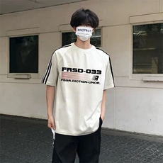 抖音得物高品质二开240克宽松纯棉美式潮牌三条杠织带短袖T恤，男装T恤，电商A486-1