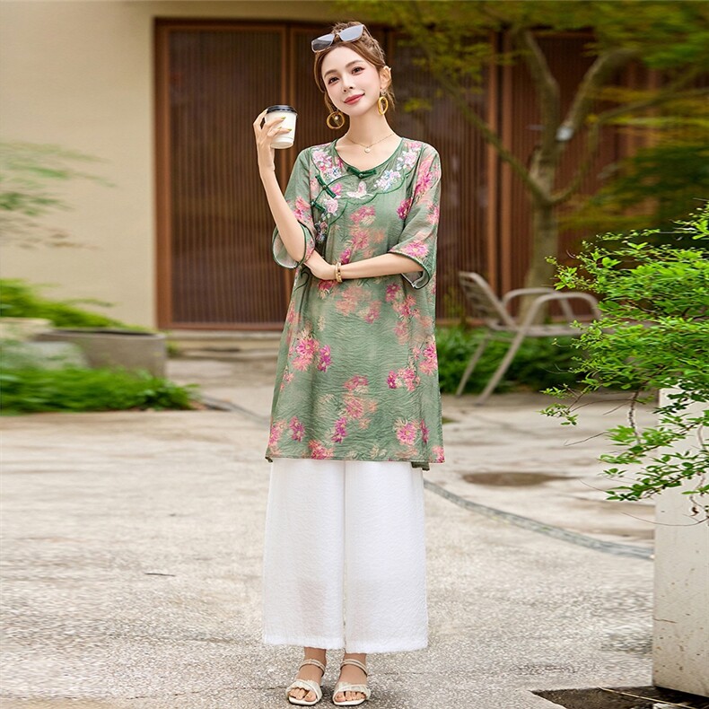 新中式国风印花棉麻套装女2025夏季新款时尚减龄休闲阔腿裤两件套,女装套装/套裙,魅影