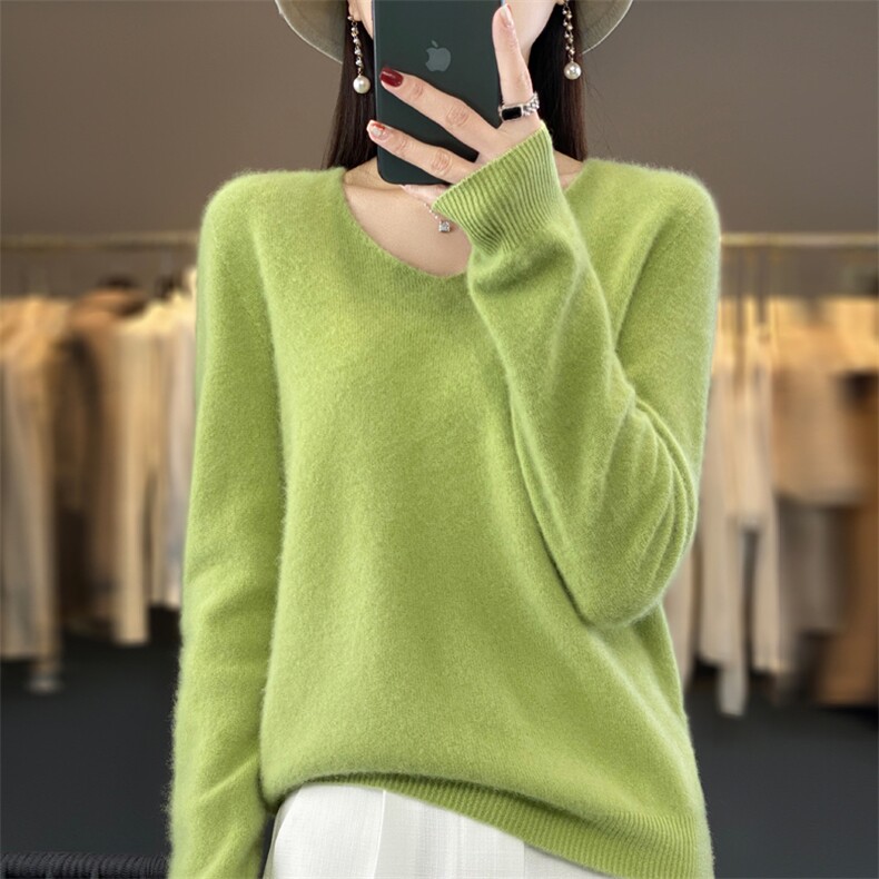 秋季新款羊毛衫女V领毛衣女套头宽松短款外穿,女装羊毛衫,北娇羊绒