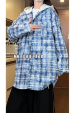 【现货】男女格子衬衣宽松外套扎染水洗连帽情侣衬衫控78，男装衬衫，星座301D-2(原星座1004-1）