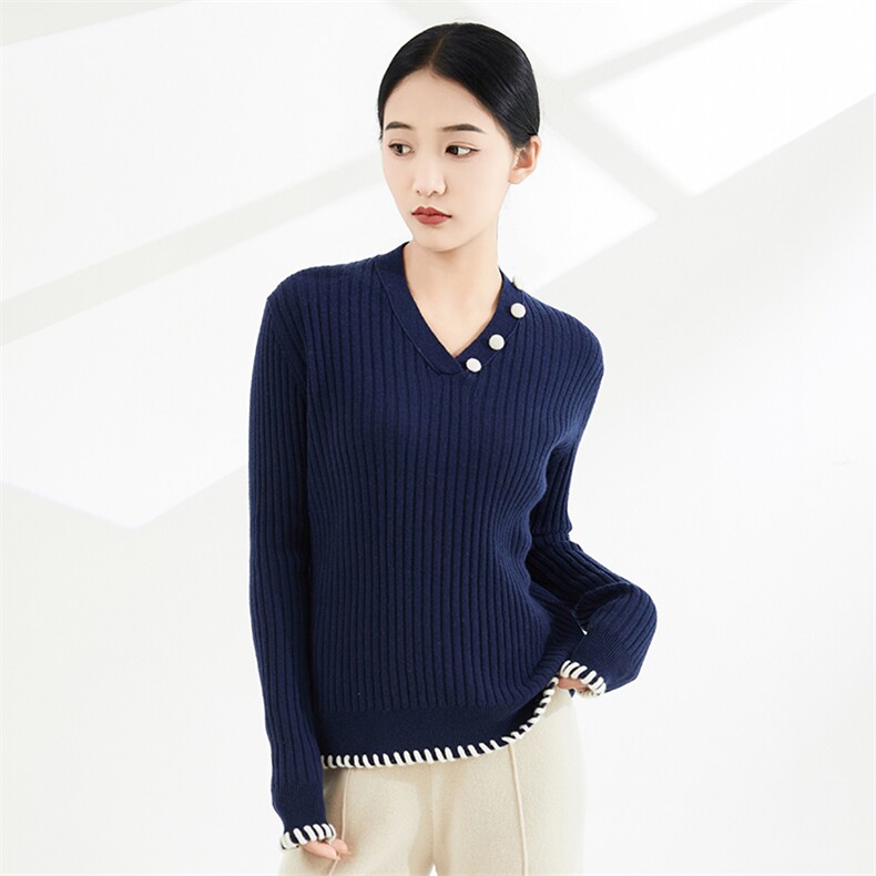 秋冬季新款时尚显瘦V领抽条美拉德风羊毛衫,女装羊毛衫,奢优羊绒