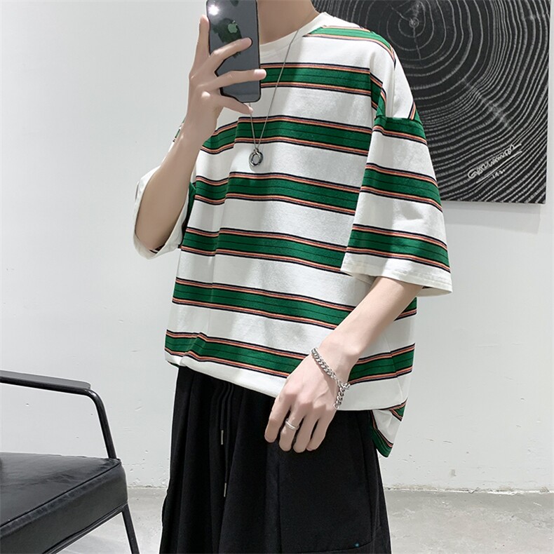 现货2022港风大码条纹短袖休闲圆领男T恤上衣D201-DM511-P30图片