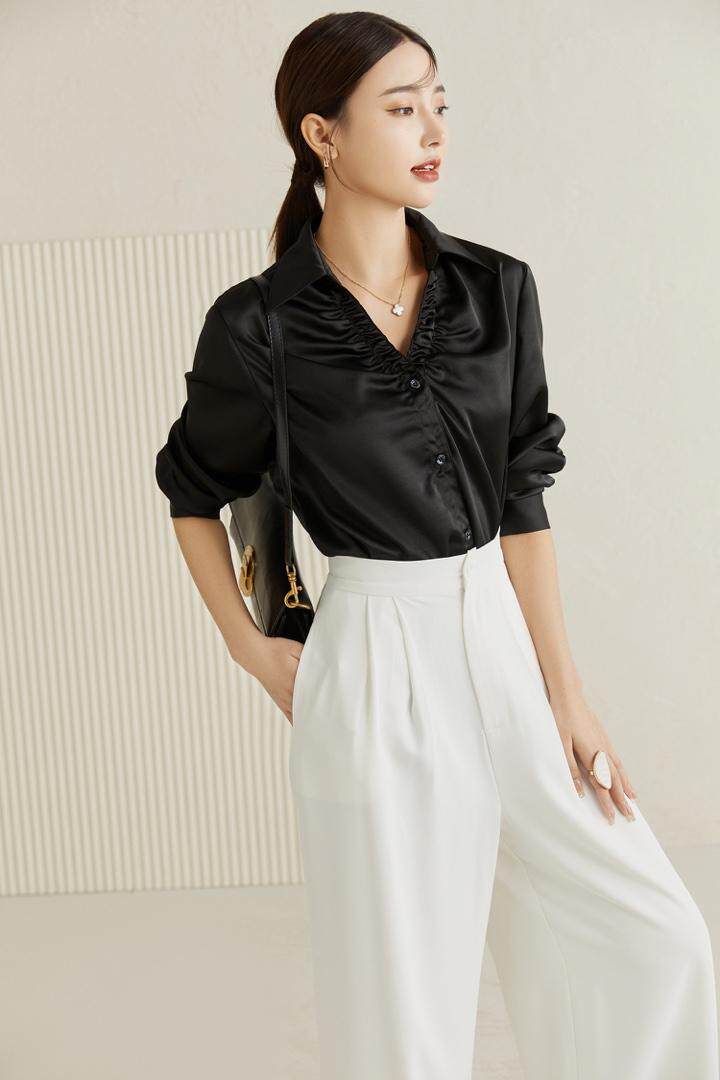 （现货）褶皱缎面V领简约衬衣，其它，M&VC