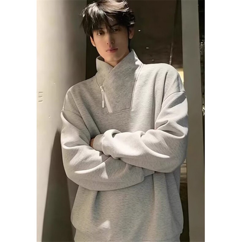 男女长袖T恤春秋季新款上衣设计感斜拉链交叉立领卫衣 W8018图片