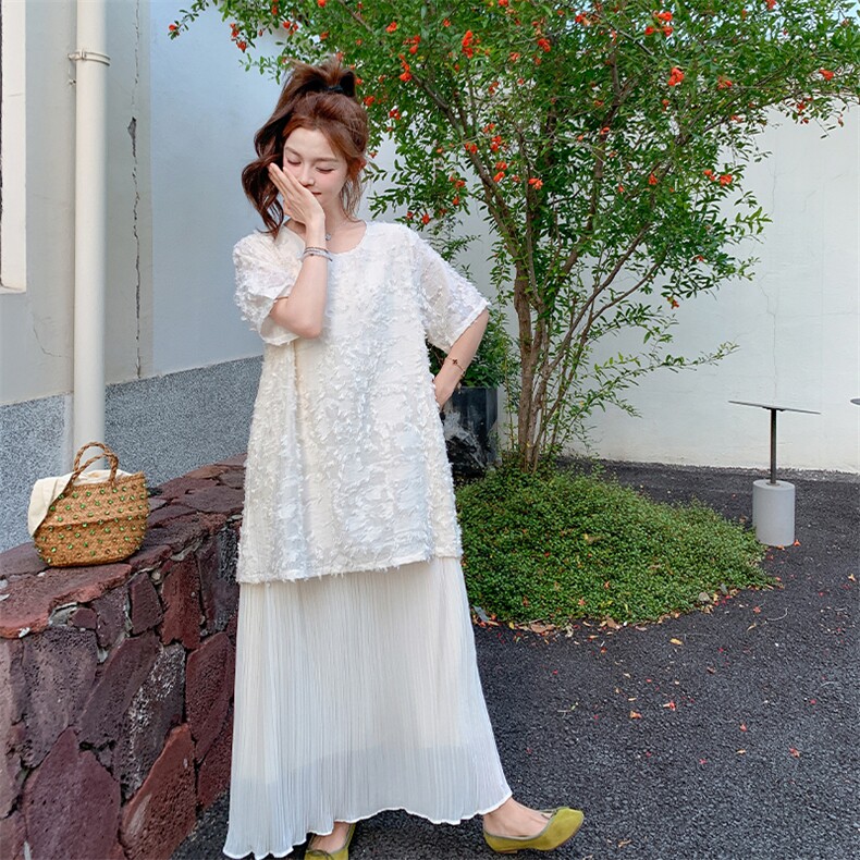 法式宽松巨显瘦小众裙子潮女2025夏季新款气质提花拼接雪纺连衣裙,女装连衣裙,2C123