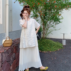 法式宽松巨显瘦小众裙子潮女2025夏季新款气质提花拼接雪纺连衣裙，女装连衣裙，2C123