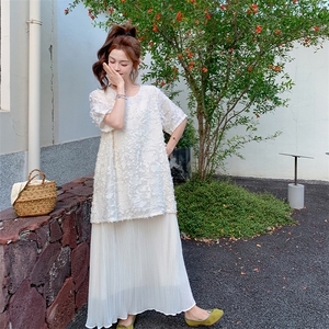 法式宽松巨显瘦小众裙子潮女2025夏季新款气质提花拼接雪纺连衣裙图片