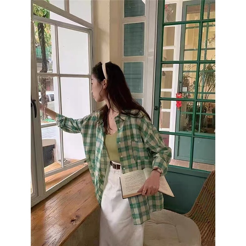 美式复古绿色格子衬衫女早春款多巴胺宽松上衣设计感叠穿衬衣外套,男装衬衫,星座1210-1