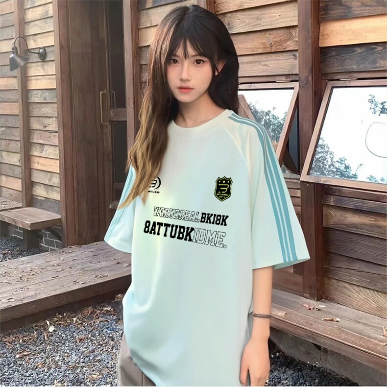 抖音得物品质二开240克宽松纯棉美式潮牌印花三条杠中性风短袖T恤,男装T恤,电商A486-1