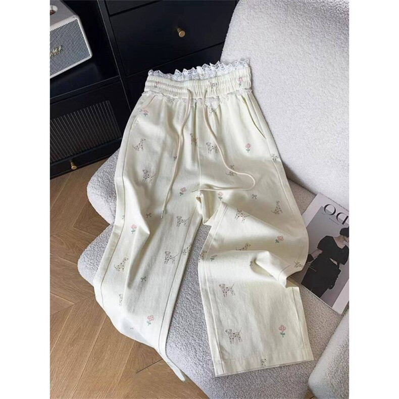 AK2384-p50 美式小狗2026春季新款蕾丝拼接垂感显瘦直筒休闲裤子图片