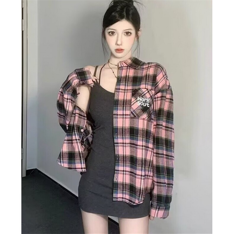 粉色格子衬衫女休闲上衣宽松型五分袖常规款翻领常规开衫 C59图片