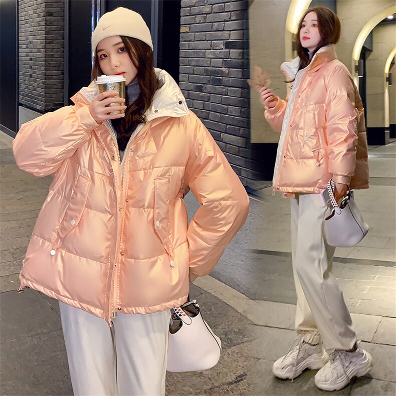 百搭外套2021炫彩亮色棉衣亮面免洗羽绒棉服女图片