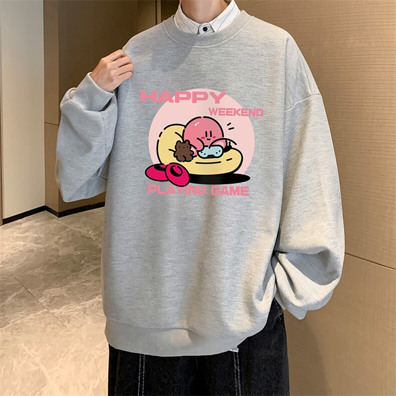 华夫格卫衣圆领卫衣男大码长袖t恤男外套HW76313-P30加绒款-P40,男装卫衣,电商A040