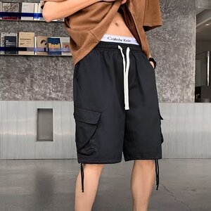 青春流行潮休闲裤男宽松型新款拼料潮流五分裤纯色时尚潮牌工装裤图片