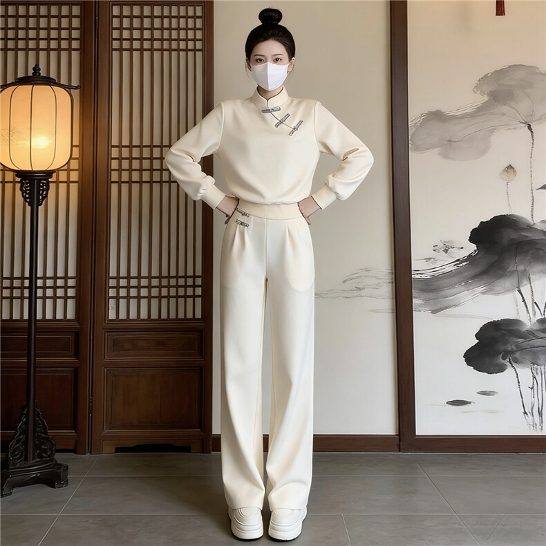 设计感小众卫衣阔腿裤两件套女春季新款盘扣卫衣显瘦阔腿裤两件套图片