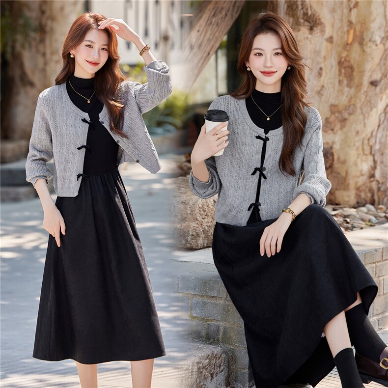 2025年秋季气质潮流女时尚针织毛衣优雅修身无袖连衣裙两件套装，女装套装/套裙，煊芮熙