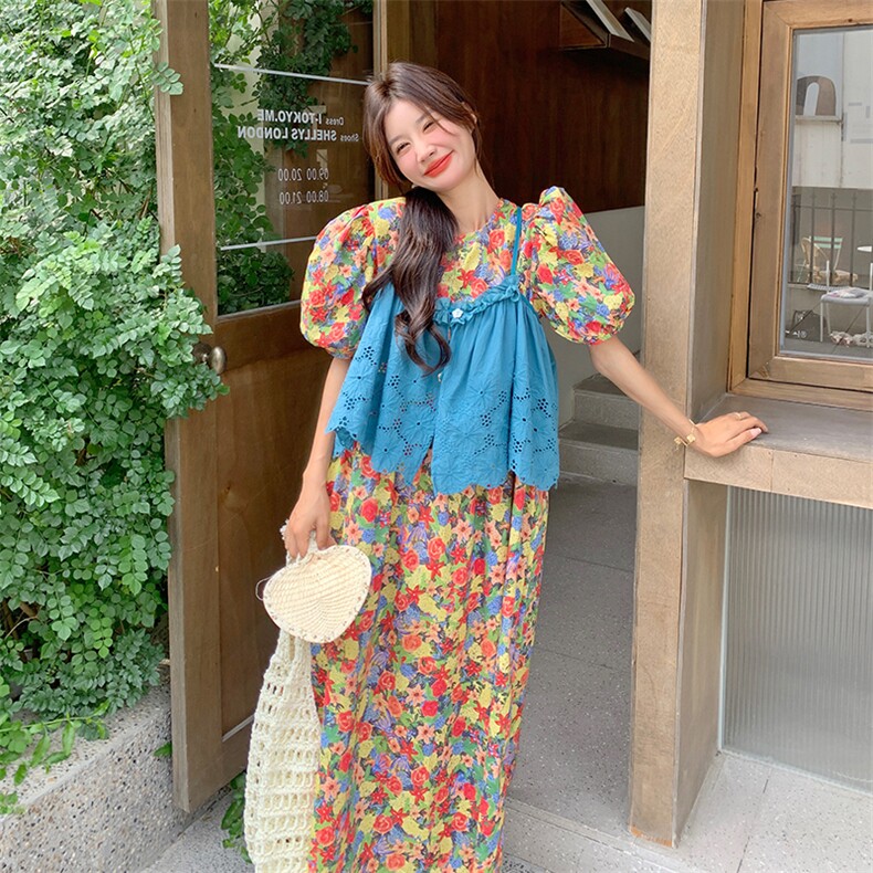 泡泡袖碎花马甲连衣裙女夏2025新款浪漫小众设计感两件套爆款流行,女装套装/套裙,浙宝220