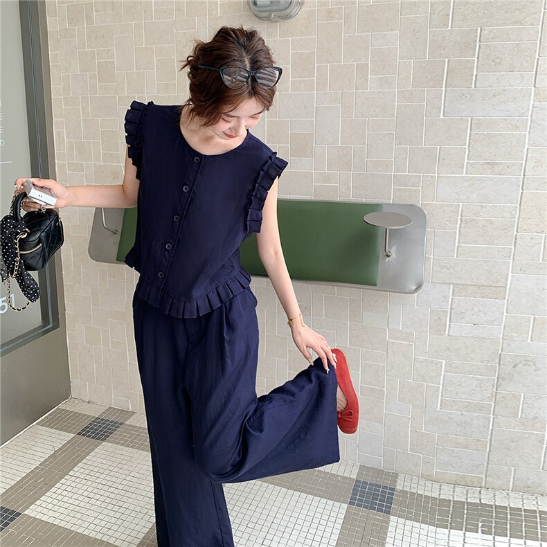 韩系木耳边无袖马甲套装女2025夏季新款气质显瘦百搭阔腿裤两件套,女装套装/套裙,浙宝208A