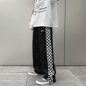 港风阔腿裤2023春季新款拼接格子男潮流宽松ins帅休闲裤K2071-P30图片