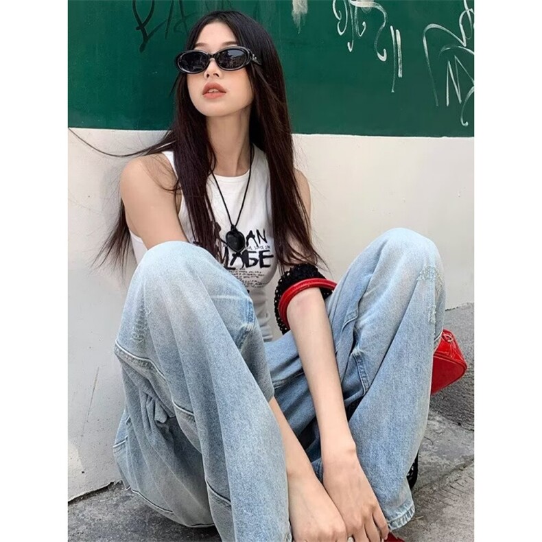cleanfit浅色街头牛仔裤男春秋季美式复古宽松阔腿拖地休闲长裤子,男装牛仔裤,星座218-1（原230）