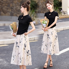 2025年夏季新款时尚新中式印花盘扣立领半身裙两件套，女装套装/套裙，蓝诺裳