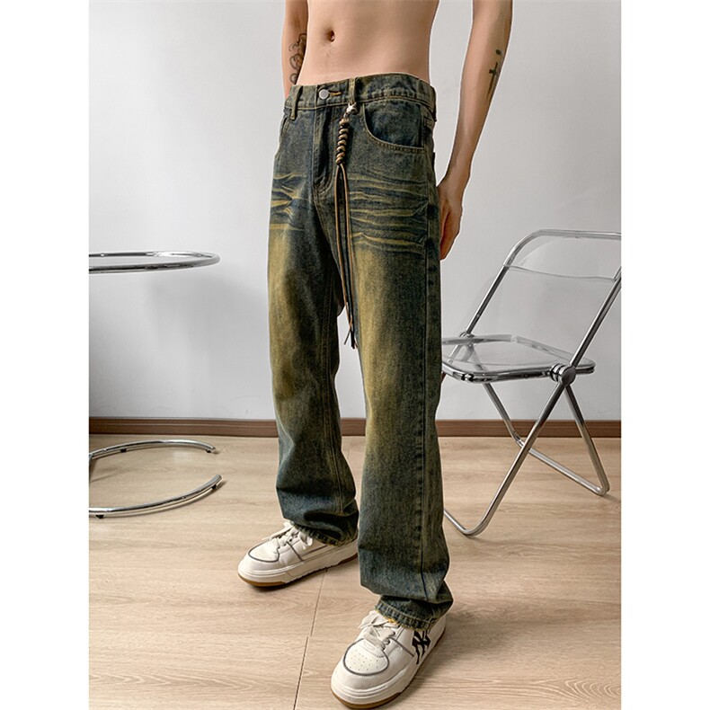 美式ins高街hiphop重工艺水洗微喇复古蓝牛仔裤货号K2320P55控78,男装牛仔裤,电商A063