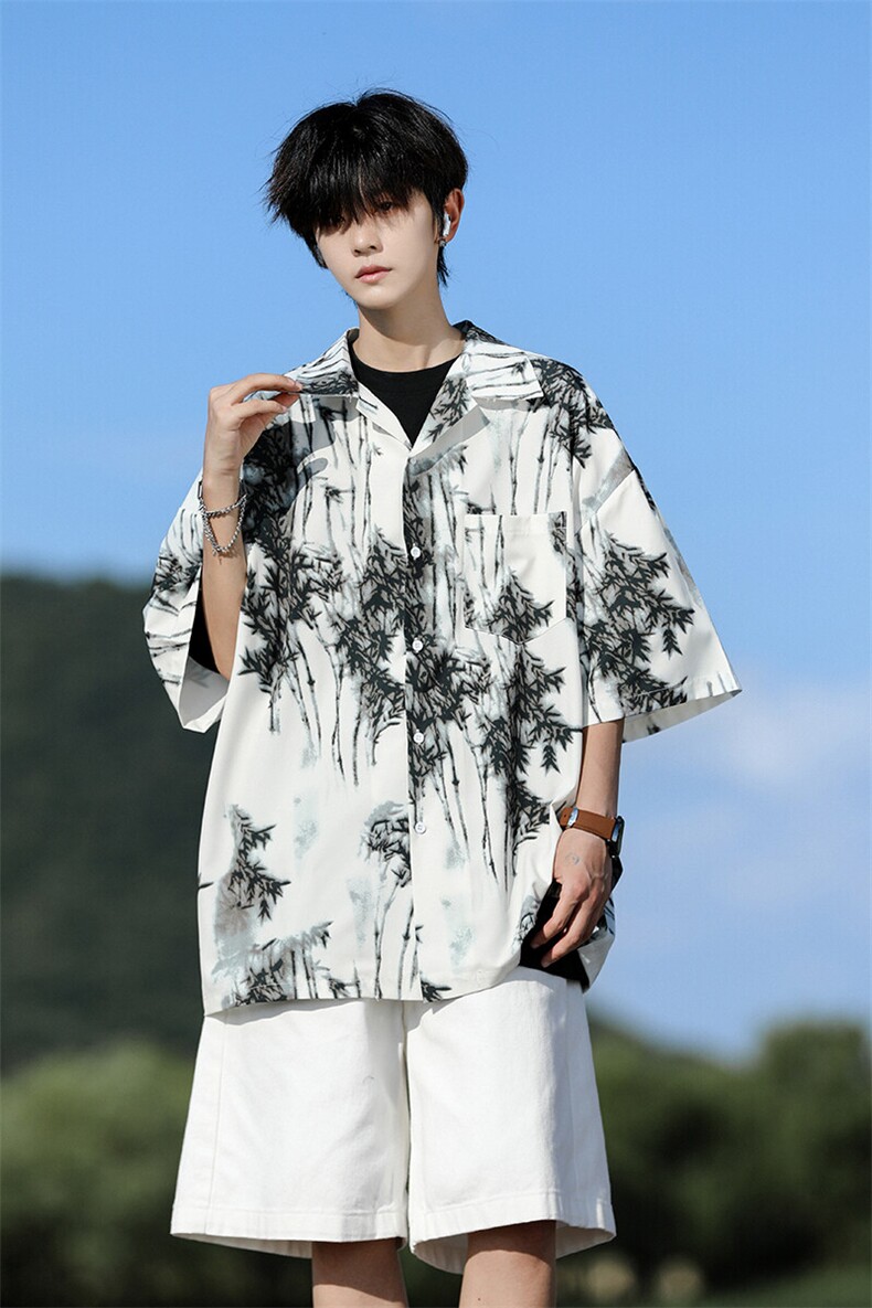 水墨花卉短袖花衬衫冰丝度假痞帅衬衣高级感夏威夷外套DC5015/P35,男装衬衫,电商B238