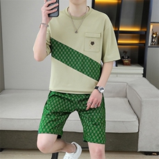 2025新款夏季男装男士运动休闲套装宽松短袖T恤华夫格短裤两件套，男装休闲套装，星座1801