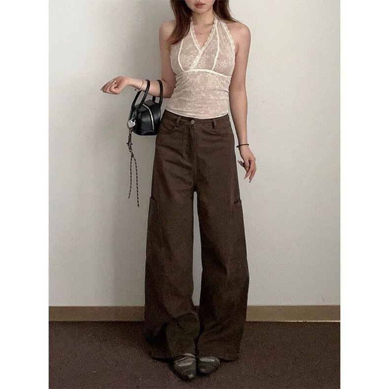 小个子复古美拉德咖色阔腿工装牛仔裤女新款辣妹高腰宽松直筒长裤，男装牛仔裤，星座218-8