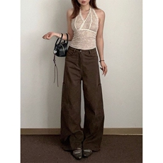 小个子复古美拉德咖色阔腿工装牛仔裤女新款辣妹高腰宽松直筒长裤，男装牛仔裤，星座218-8