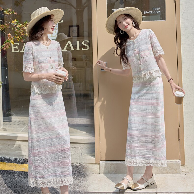 2025新款夏季法式超好看蕾丝拼接短袖上衣长裙套装女，女装套装/套裙，丽美静依