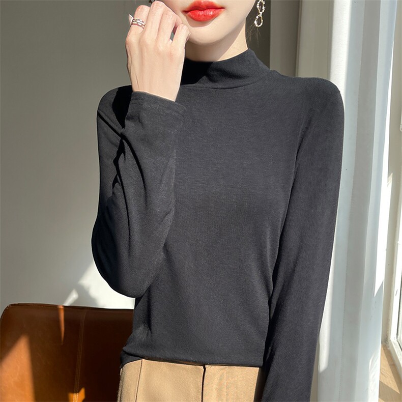双面磨毛半高领打底衫女长袖显瘦保暖内搭设计感毛衣上衣宽松显瘦，女装针织衫/毛衣，圣丽羊绒