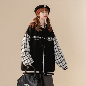 中性风 棋盘格拼接设计感排扣棒球服宽松夹克外套- G702 p85控98-图片