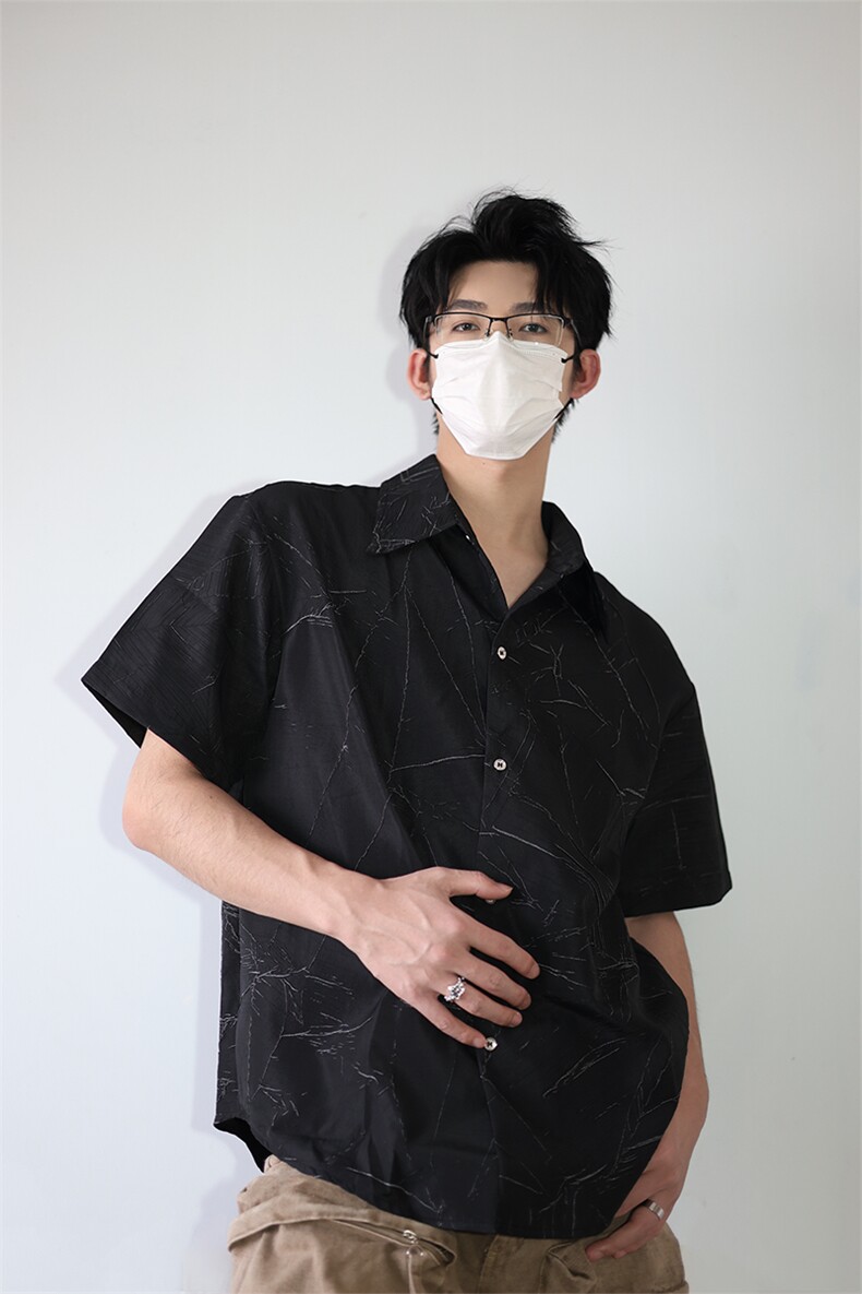 夏季新款短袖衬衫小众解构肌理感黑色裂纹韩版花衬衫打底T恤P50,男装T恤,电商B319