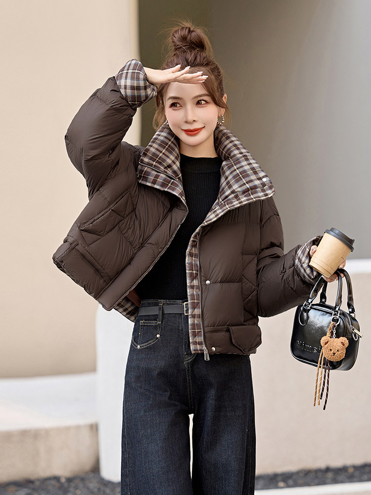 短款羽绒服女2024冬季新款小个子高级感超好看洋气拼接格子面包服,女装羽绒服,艾尚靓装
