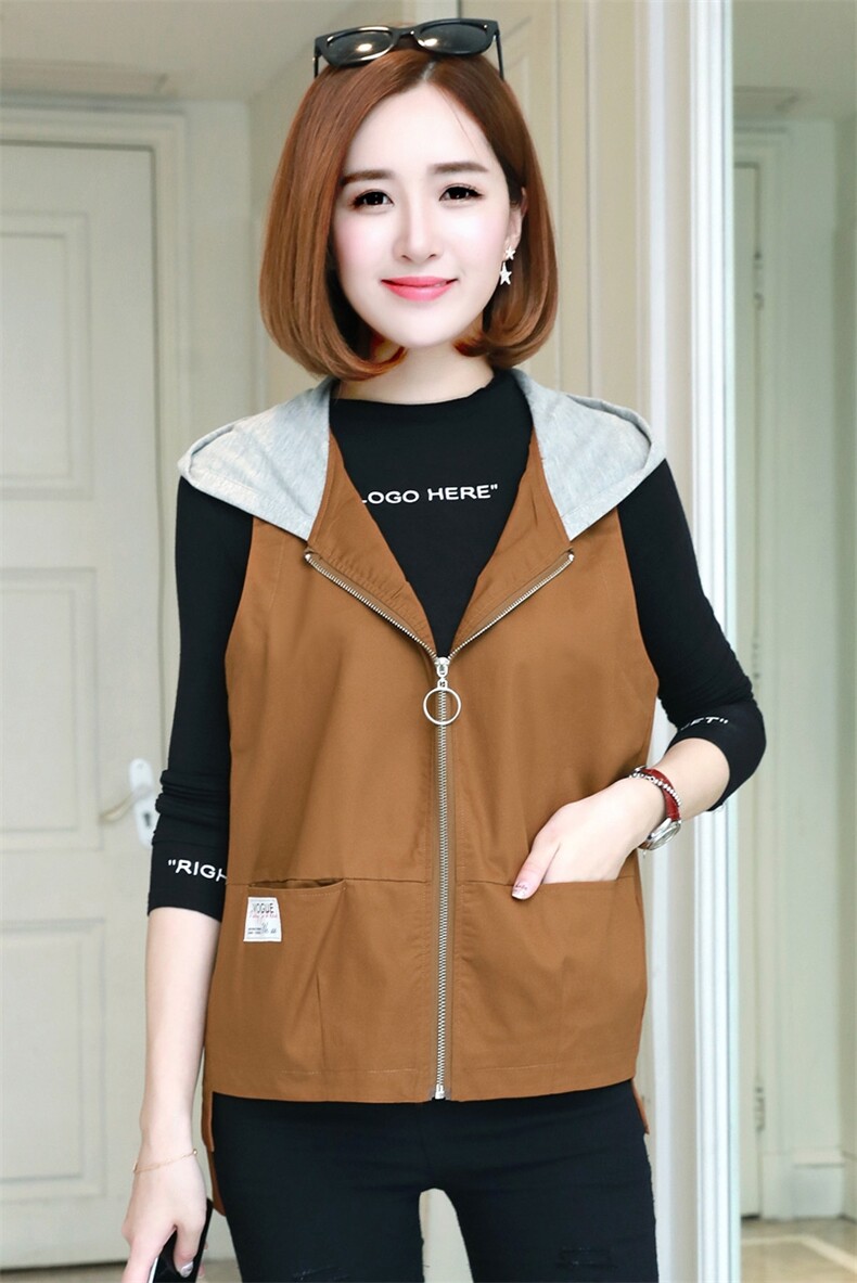 纯色口袋马夹连帽拉链2021年秋季短款拼接修身百搭，女装马甲，丽影随形