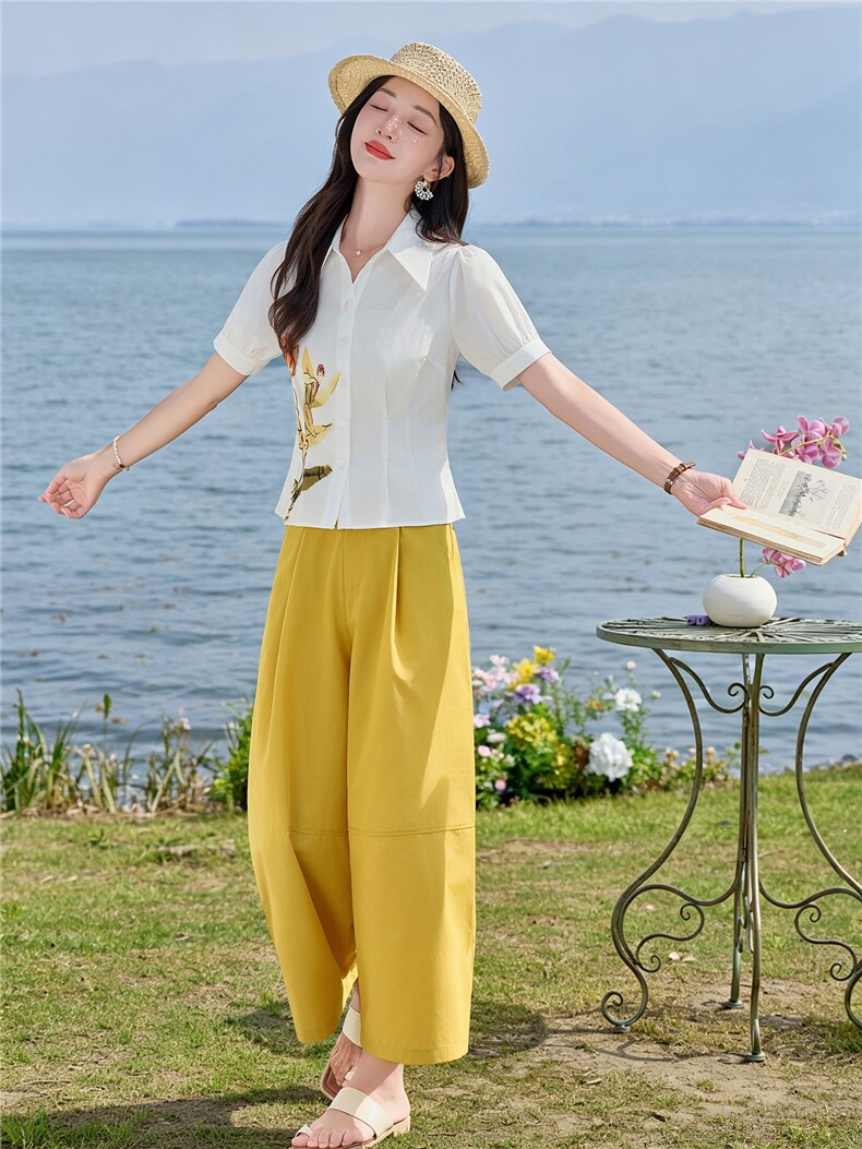 轻熟风时尚小翻领衬衫套装女2026夏气质印花上衣休闲裤两件套,女装套装/套裙,水衣源