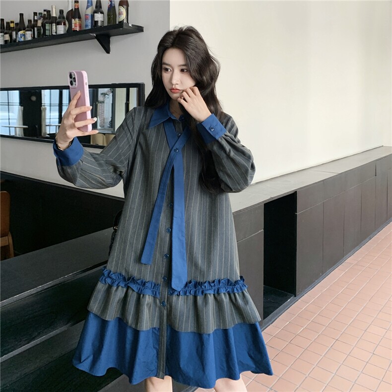 【新款】学院风荷味边宽松撞色连衣裙2C327-6602-P150控228,女装连衣裙,2C327