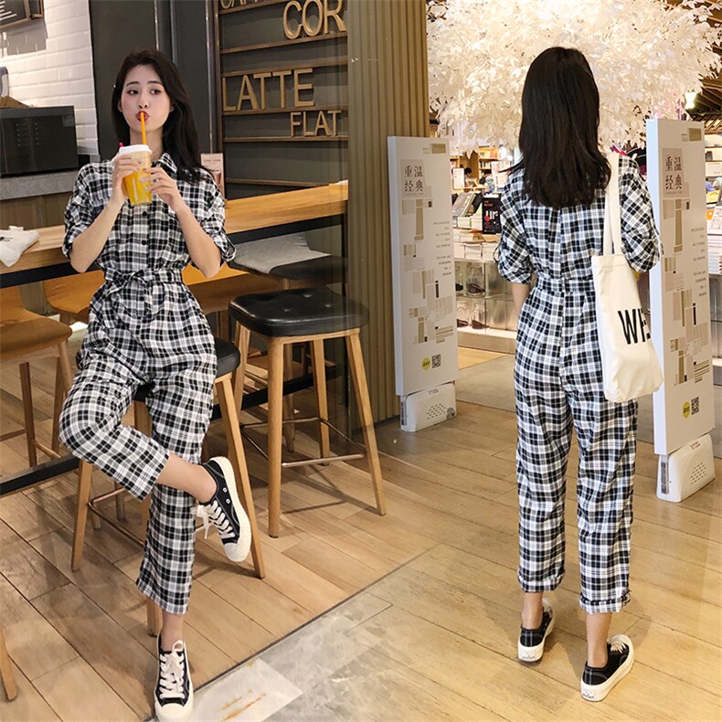 现货大货秋装连身裤格子工装套装连体衣裤潮1608212P95控138,女装休闲裤,艾青服饰