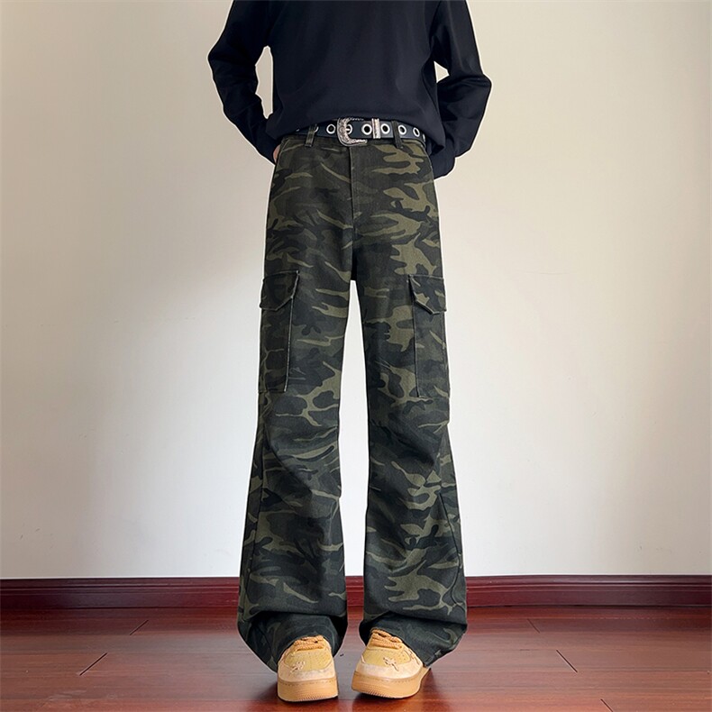 秋季美式复古迷彩工装裤男宽松高街多口袋微喇裤K24034-特P48控88,男装工装外套,电商A001